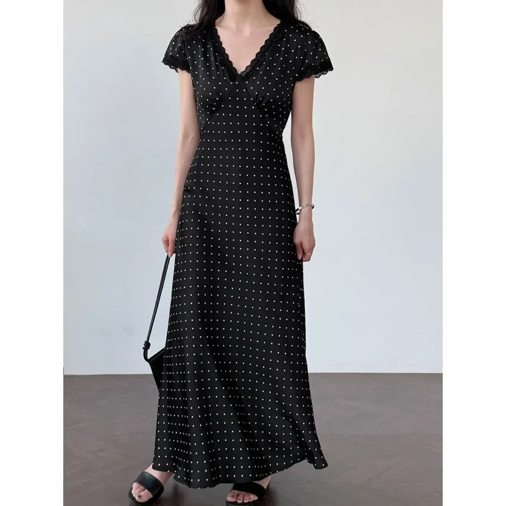 Women's Polka Dot Lace V-Neck Midi Dress