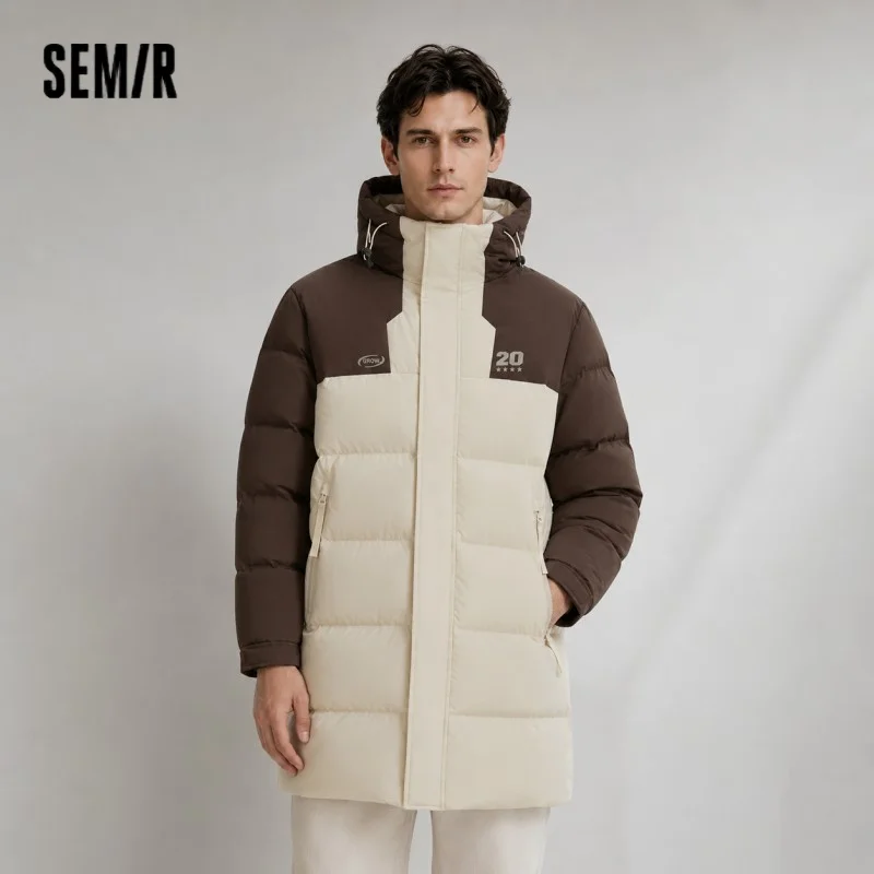 Semir Men’s Mid-Length Hooded Colorblock Down Jacket