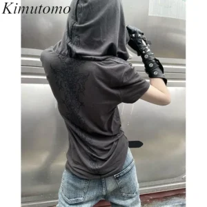 Kimutomo Women T Shirts Hooded Short Sleeve Printing Punk Style Short Sleeve Y2k Aesthetic Harajuku Tops Grunge Gothic Ladies