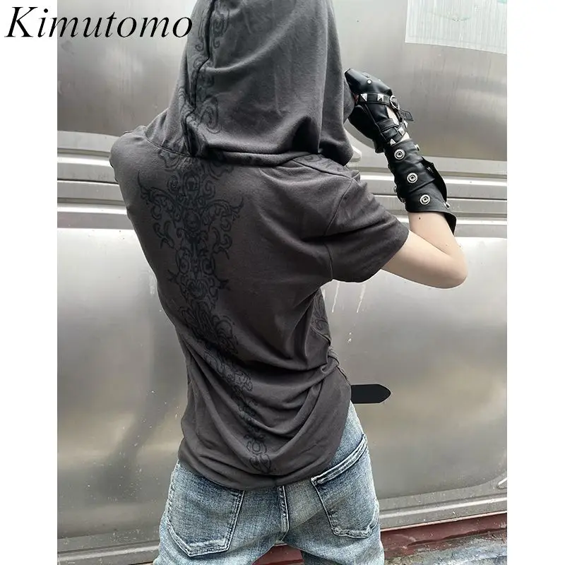 Kimutomo Women T Shirts Hooded Short Sleeve Printing Punk Style Short Sleeve Y2k Aesthetic Harajuku Tops Grunge Gothic Ladies