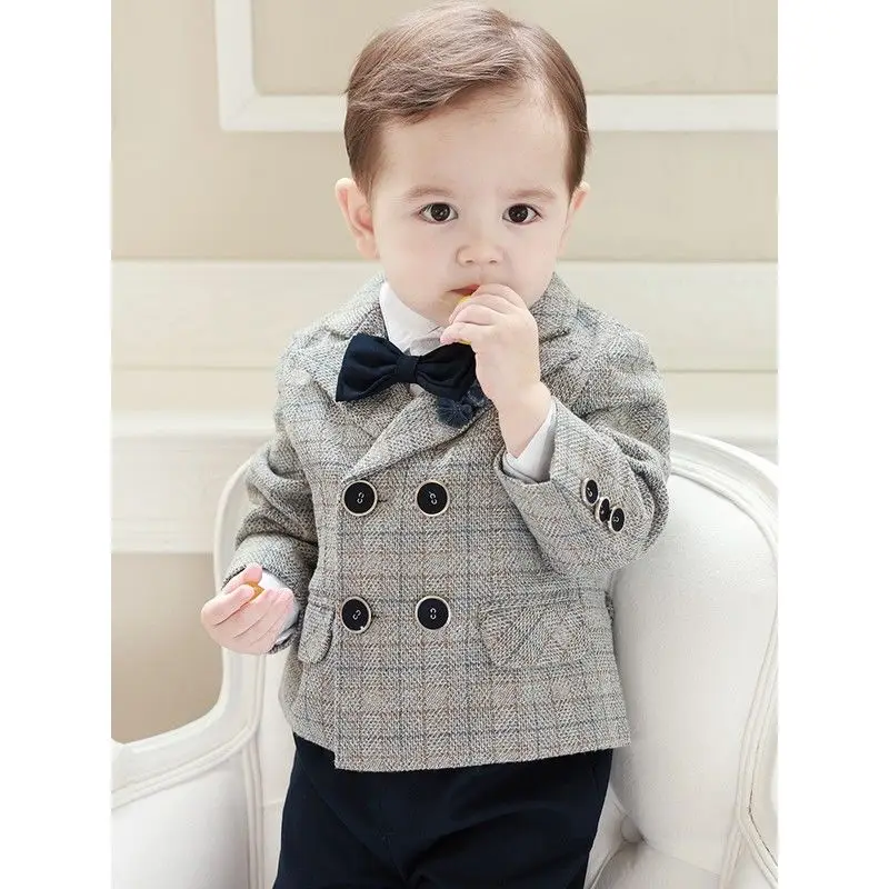 Children Formal Plaid Suit Set Boys Wedding Birthday Party Performance Photography Costume Kids Blazer Pants Bowtie Clothes - Image 4