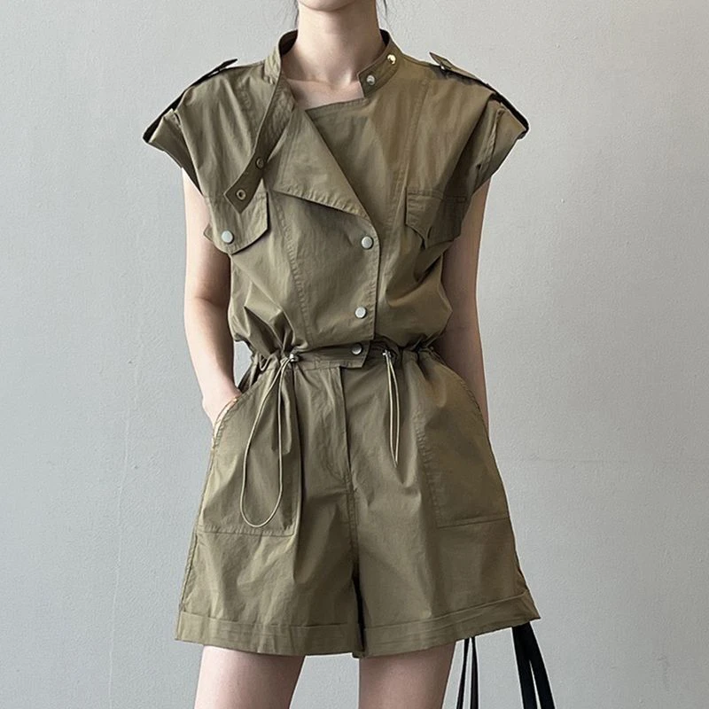 Fashionable Thin Short Pants Jumpsuit Set High Waist Commute Style Tassel Detail Straight Leg Jumpsuit for Summer - Image 5