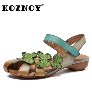Koznoy Women's Leather Flower-Embellished Sandals, 2.5 cm Heel