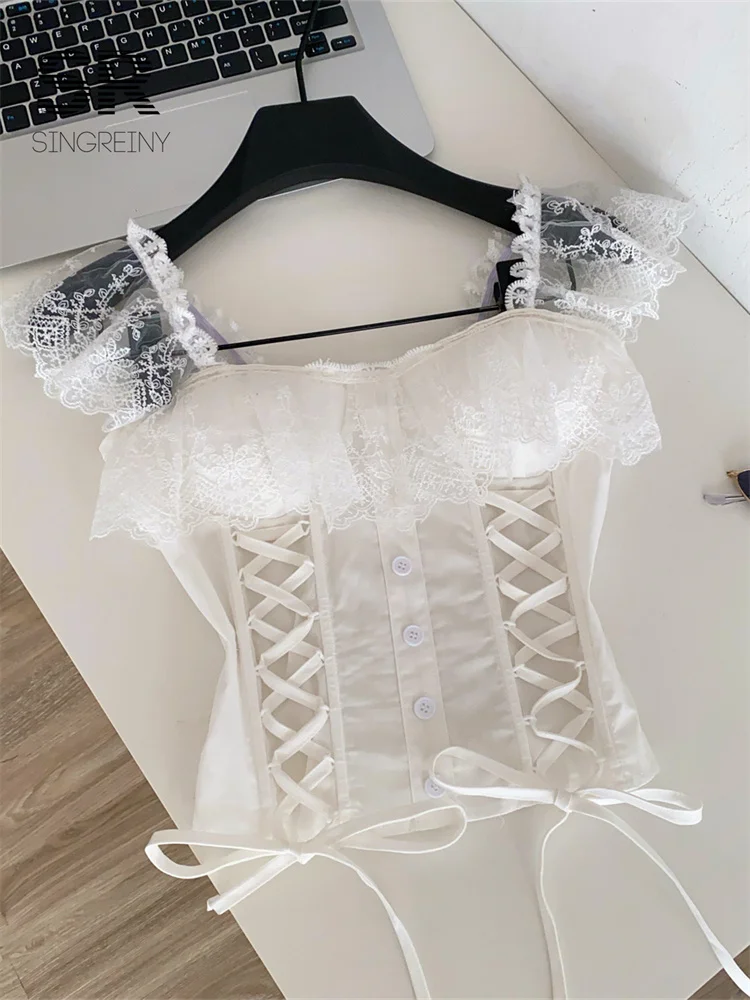 SINGREINY Lace Hotsweet Top Women Lace Up Splice Stretchy Shirred Bodycon Workwear Camisole Summer French Court Elegant Tank Top - Image 4