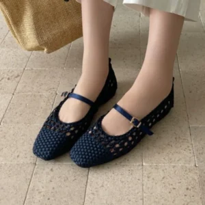 Hollow-Woven Square Toe Mary Jane Flats with Buckle, Waterproof PU