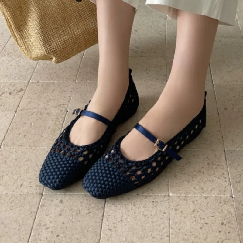Hollow-Woven Square Toe Mary Jane Flats with Buckle, Waterproof PU