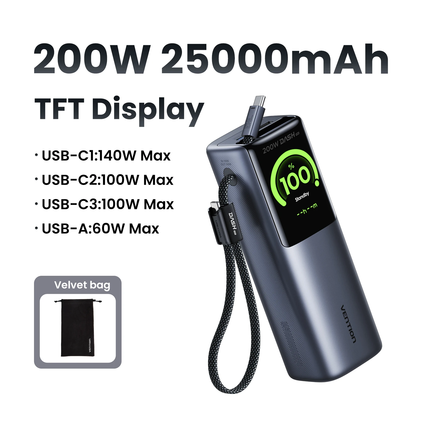 Vention 200W 25000mAh Power Bank with Extendable USB‑C Cable & Display - Image 7