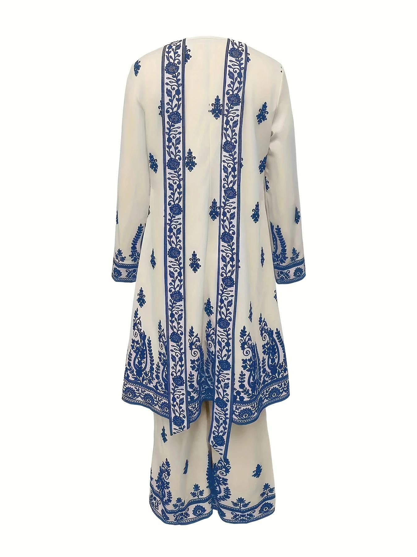 Plus Size Women's Off-White and Black Printed Three-Piece Set Ethnic Style Crew Neck Long Top Wide-Leg Pants and Headscarf Set - Image 8