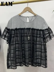 [EAM] Women Gray Mesh Spliced Color-block Big Size T-shirt New Round Neck Short Sleeve Fashion Tide Spring Summer 2026 1DJ7509