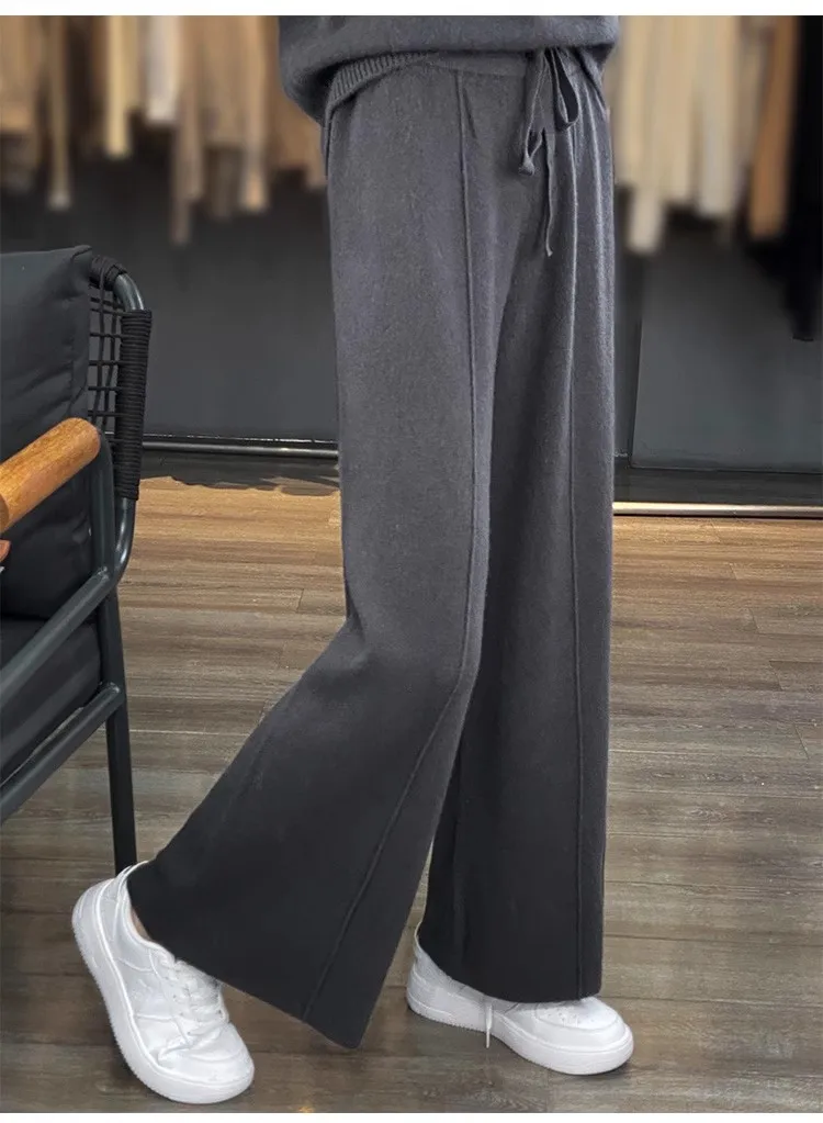 Thiened Wool Knitted Wide Leg Pants Women High Waist Draped Slim Version Floor-Length Outerwear Straight Leg Trousers - Image 7