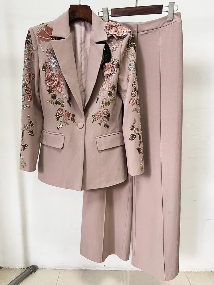 Women's 3D Flower Beaded Blazer and Pants Suit - view 3