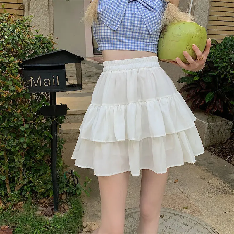 Pleated A-line Skirt White Women Ruffles Sweet Hottie Preppy Style Elastic Elastic Waist Slim Thin SimpleCasual Summer Wholesale - Image 7