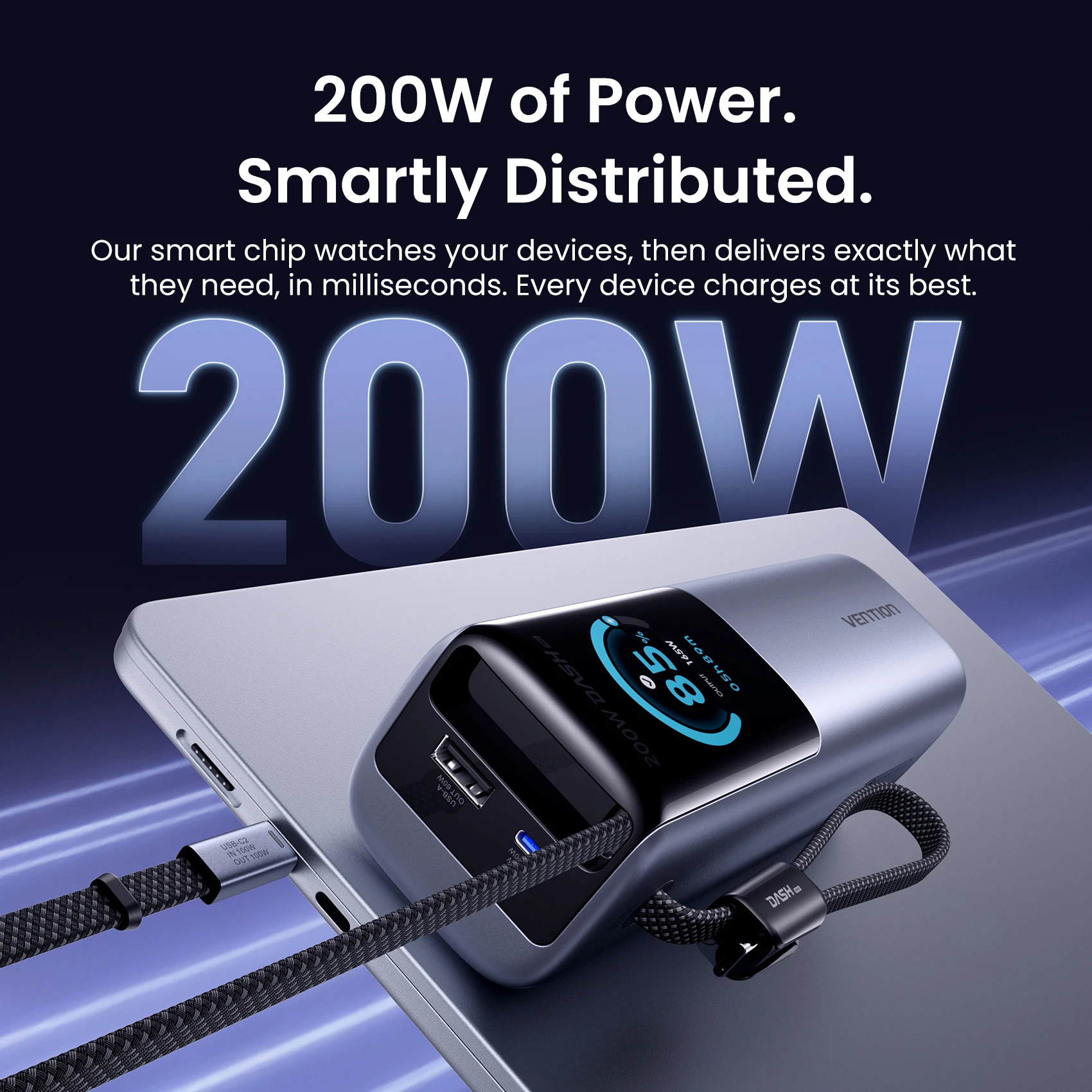 Vention 200W 25000mAh Power Bank with Extendable USB‑C Cable & Display - Image 2