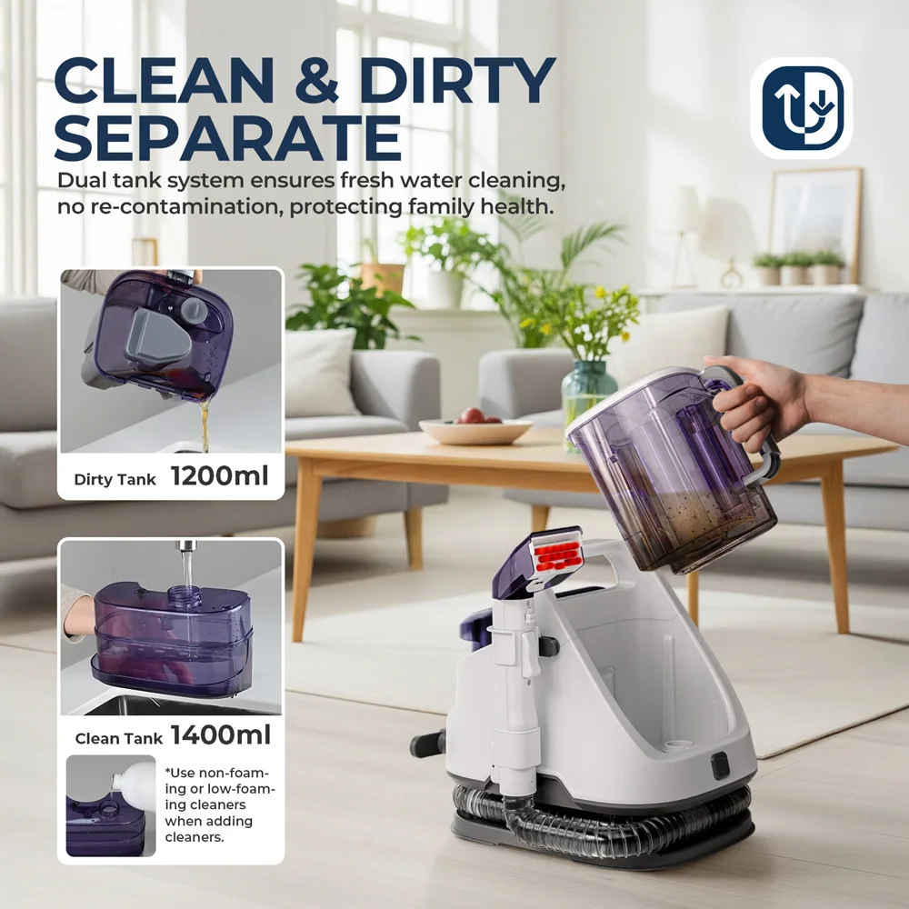 Rouny Portable Carpet & Upholstery Cleaner, 650W, 12kPa Suction, 1.4L Clean Tank - Image 5