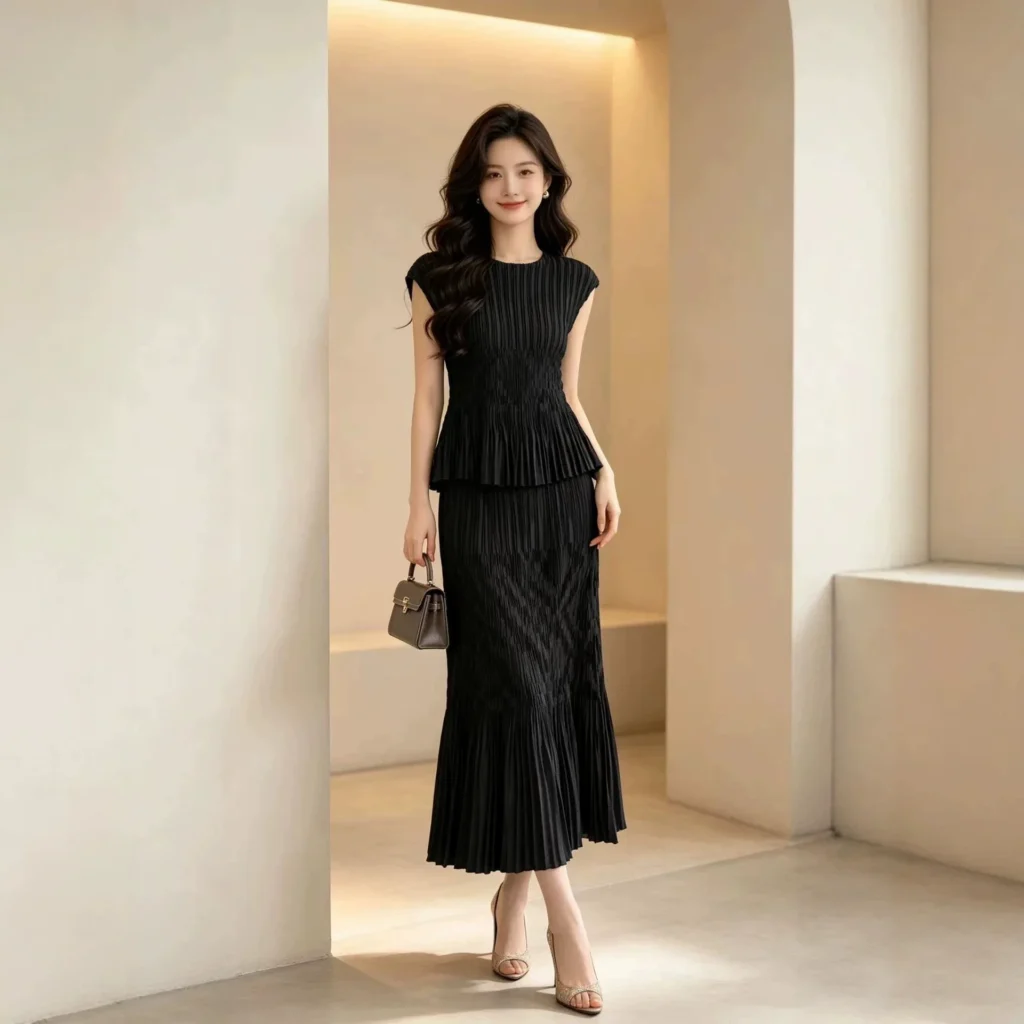 Women's Pleated Ruffle Top and Skirt Set