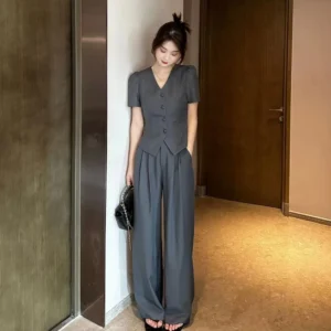 Chic Professional Two-Piece Set Short Sleeve Casual Wide Leg Pants Slimming Versatile Small Fragrance Style Summer Fashion