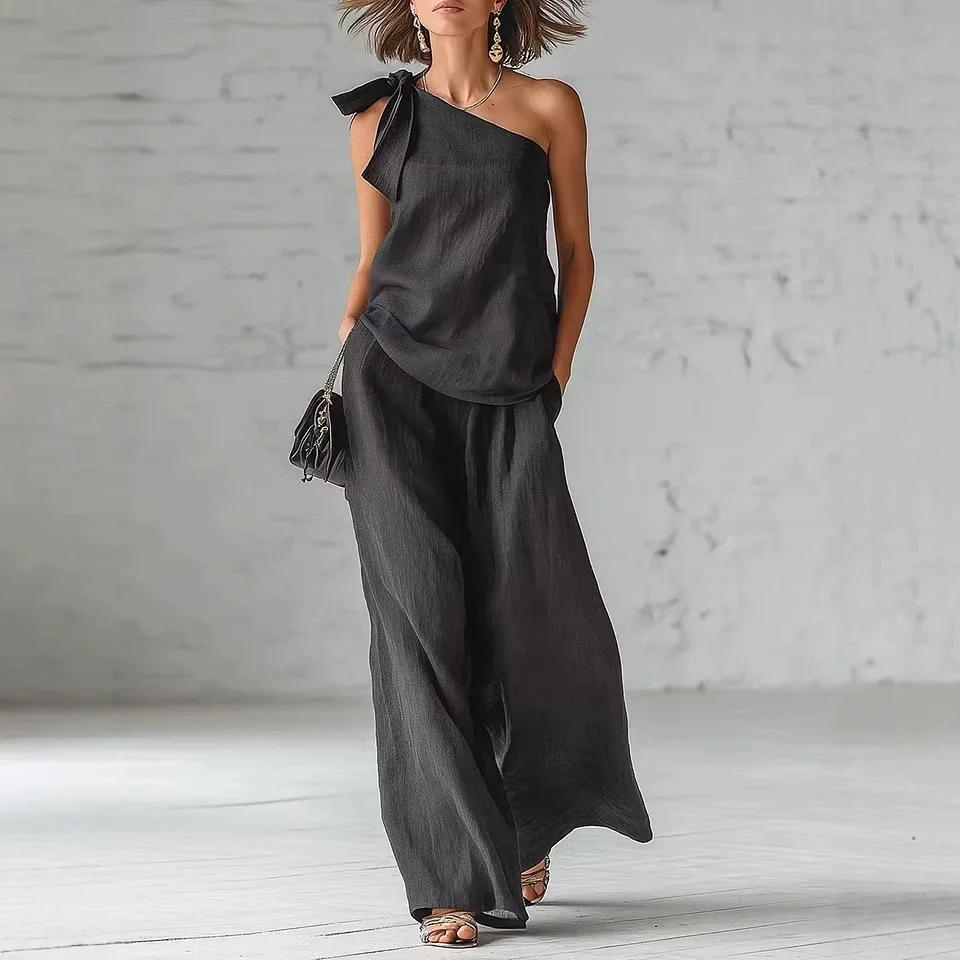 Women's 2 Piece Set 2026 Summer Sexy One Shoulder Tie Knot Top And Wide Leg Pants Suit Casual Loose Summer Beach Vacation Outfit - Image 8