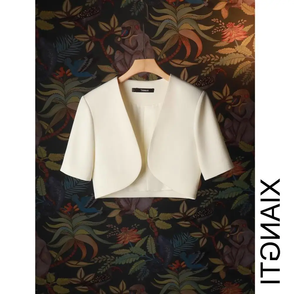 Casual Sle ort Sve Women's Suit Jaet Size Gentle Wind Korean Version ort Coat Milk White Color V-Ne Polyest... - Image 3