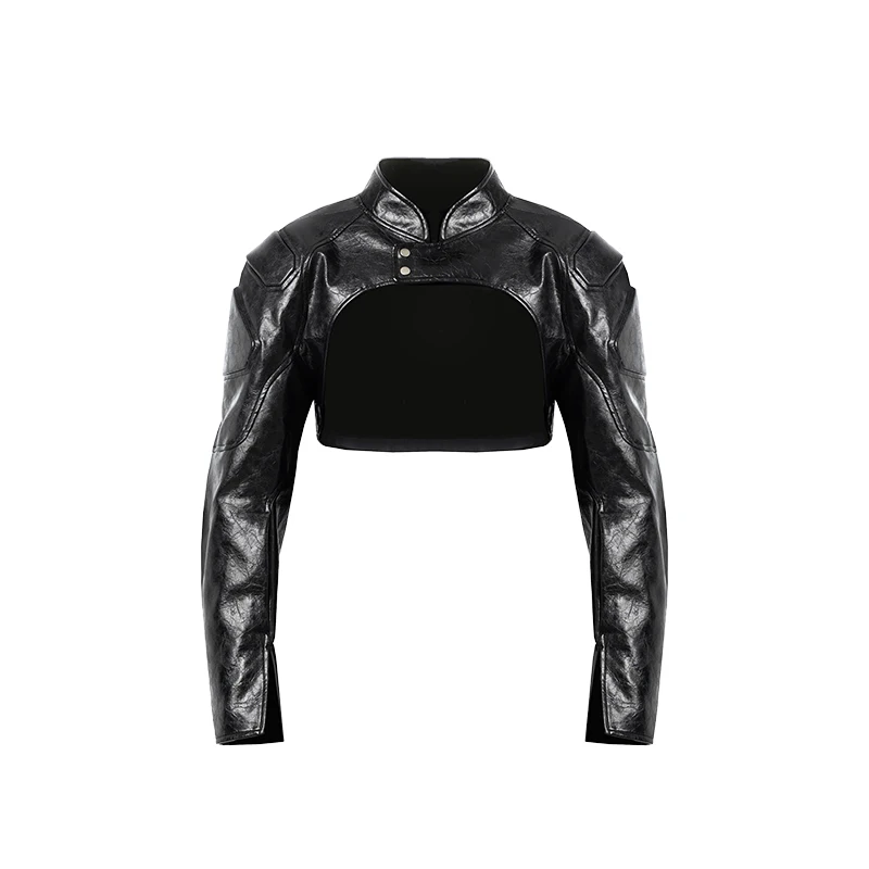 Men's Faux Leather Short Jacket with Shoulder Pads - Image 7