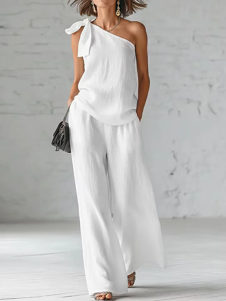 Women's 2 Piece Set 2026 Summer Sexy One Shoulder Tie Knot Top And Wide Leg Pants Suit Casual Loose Summer Beach Vacation Outfit - Image 2