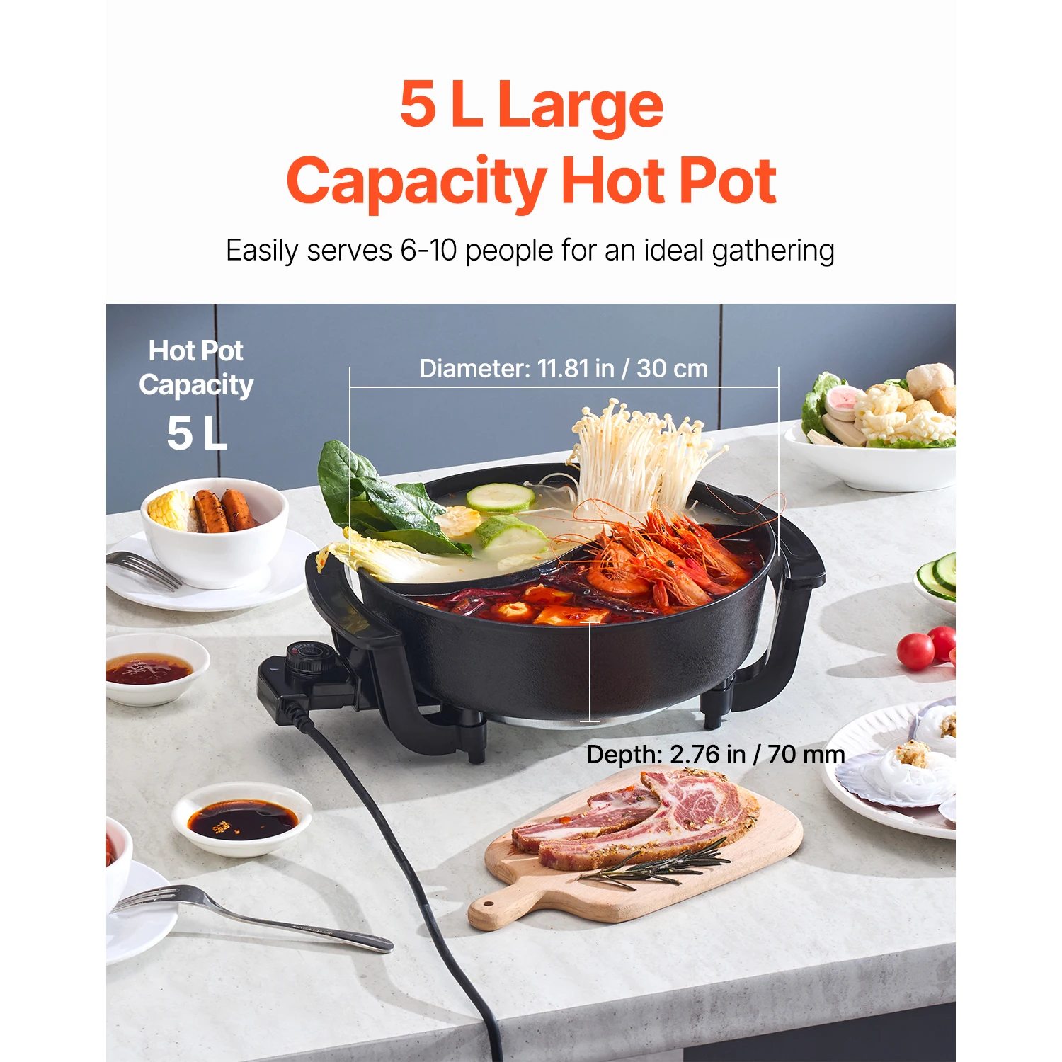 SucceBuy 5L Dual‑Flavor Electric Hot Pot with Non‑Stick Cast Aluminum, Glass Lid & Stepless Temp Control - Image 3
