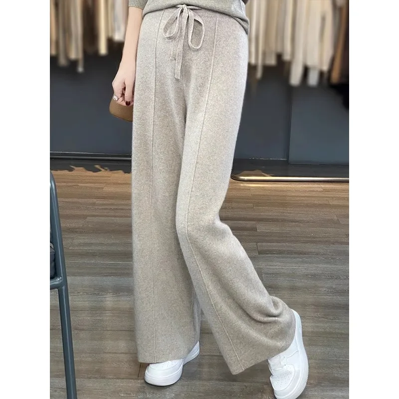 Thiened Wool Knitted Wide Leg Pants Women High Waist Draped Slim Version Floor-Length Outerwear Straight Leg Trousers - Image 6