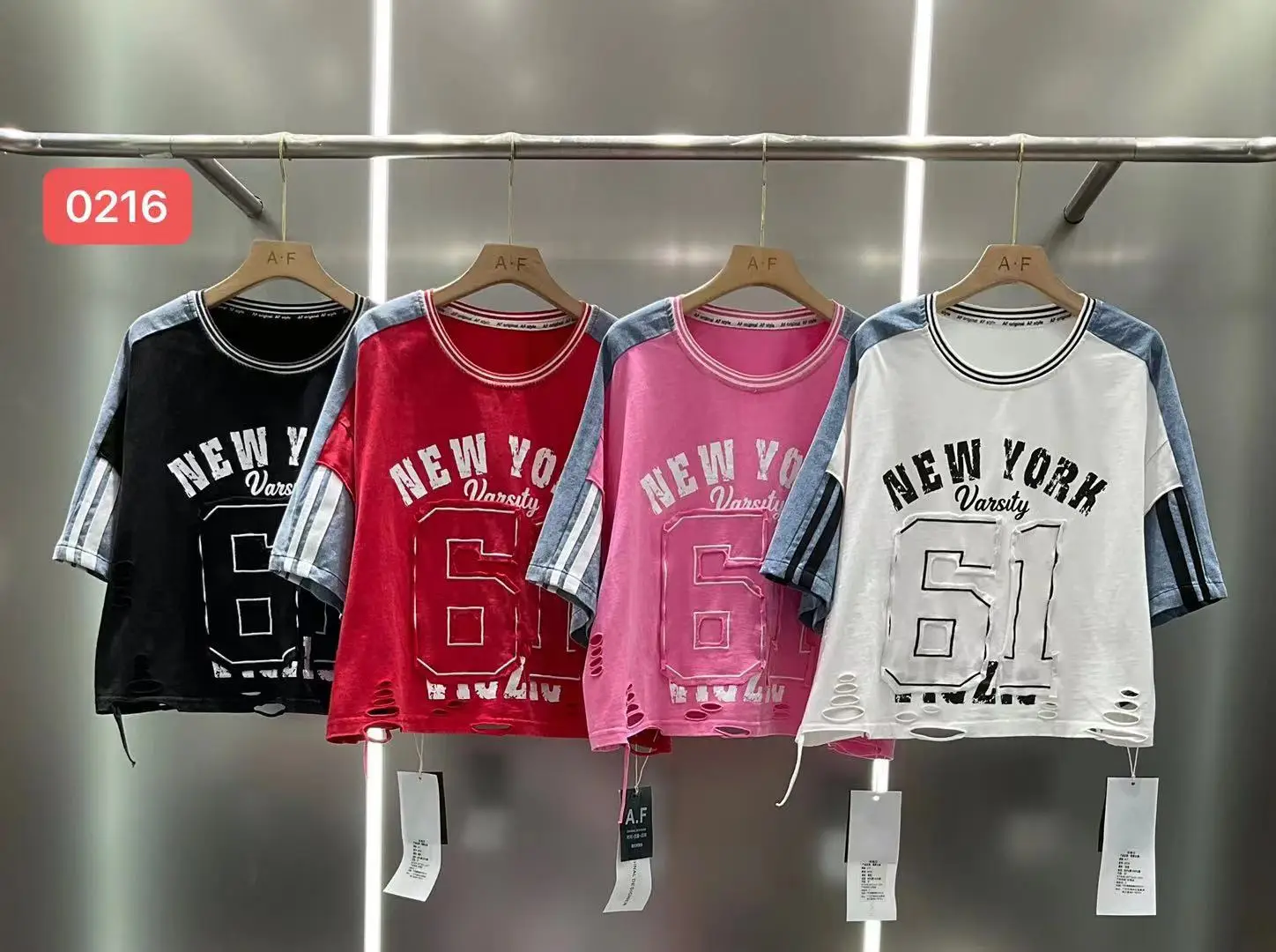 Women's Ripped Denim Tee and Letter Print Pants Set - view 6