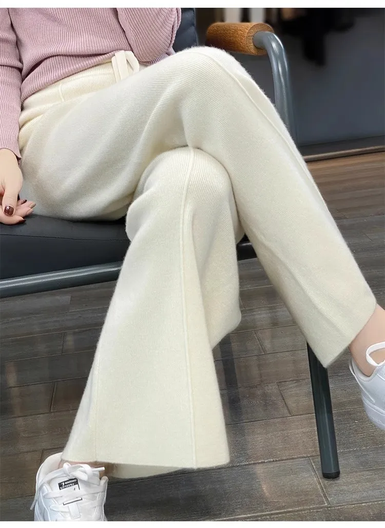 Thiened Wool Knitted Wide Leg Pants Women High Waist Draped Slim Version Floor-Length Outerwear Straight Leg Trousers - Image 9