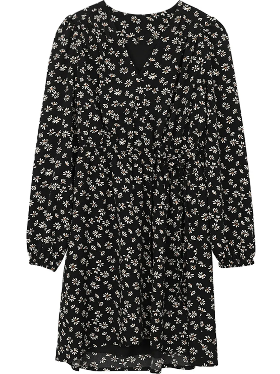 Women's Black Floral V-Neck Long Sleeve Mini Dress - view 5