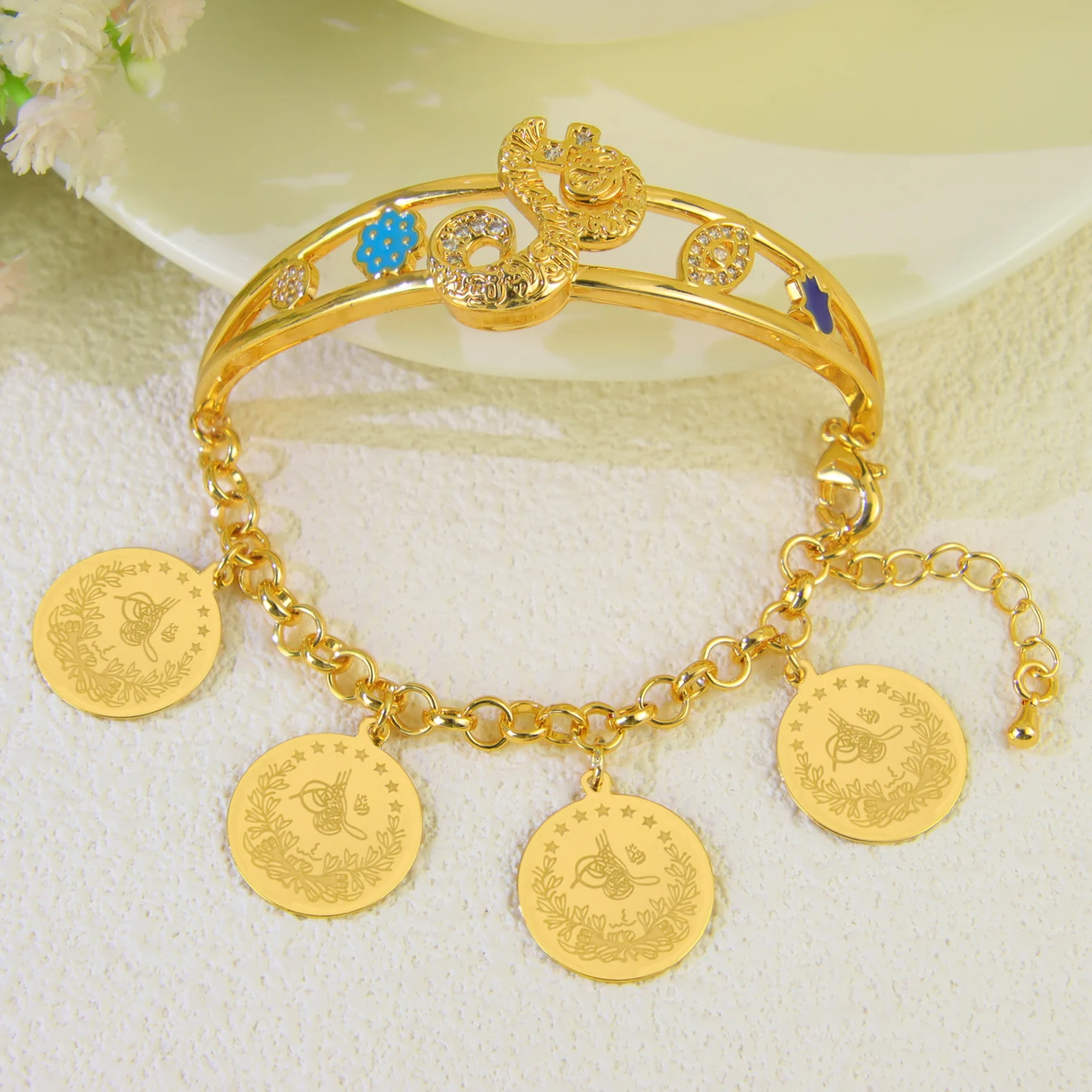21k Gold-Plated Arabic Coin Charm Bracelet for Women – Dubai Bangles - Image 9