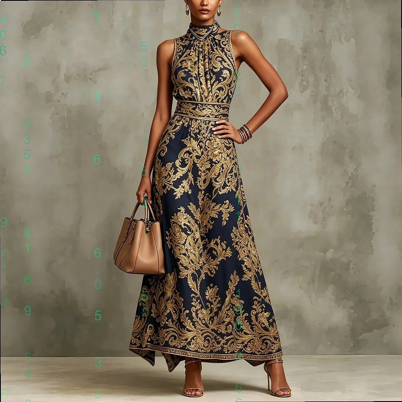 Women's Gold Embroidered Long Evening Gown