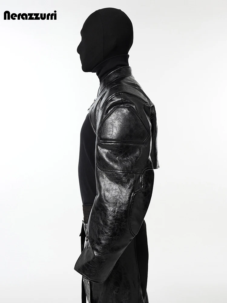 Men's Faux Leather Short Jacket with Shoulder Pads - Image 4