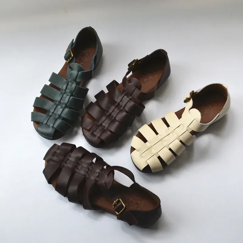 Birkuir Women's Leather Buckle‑Strap Sandals – Flat Heel, Closed Toe