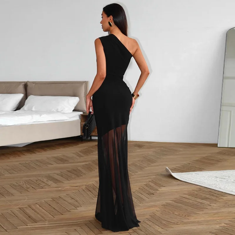 FL Off Shoulder See Through Dress Solid High Waist Patchwork Backless Slim Long Dress Women Vacation Party Evening Dresses New - Image 3