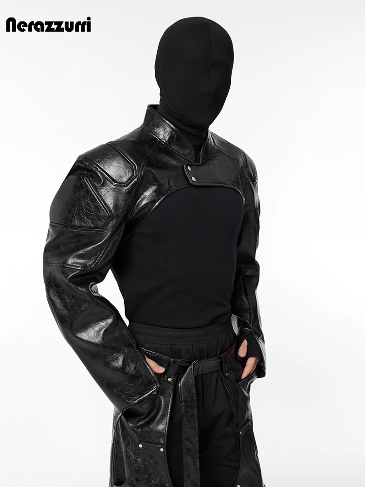 Men's Faux Leather Short Jacket with Shoulder Pads