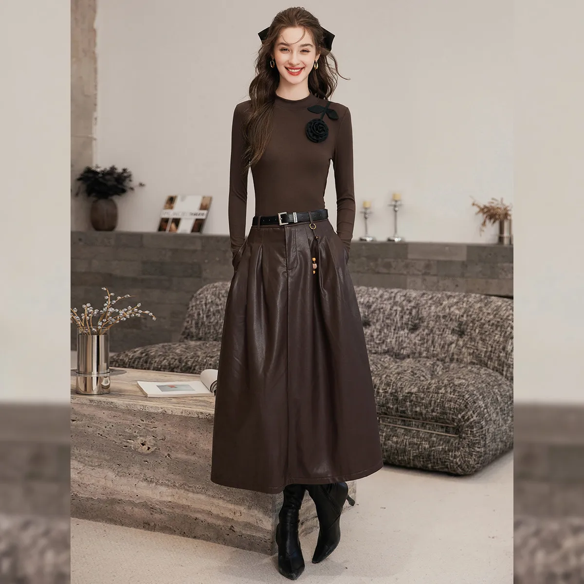 LOUIS YAO Retro Faux Leather Midi Skirt 2026 Autumn & Winter Vintage Style Faux Leather Mid-Length Skirt for Women - Image 6