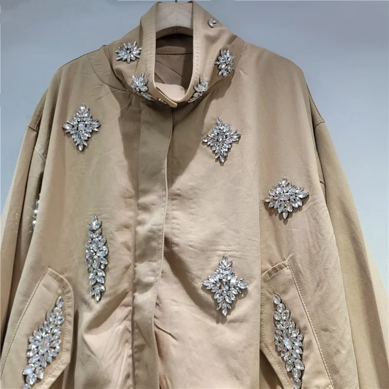 DEAT Women's Coat Loose Khaki Stand-up Collar Zipper Long Sleeve Diamonds Drawstring Jackets 2026 Spring Fashion 29A4829 - Image 4