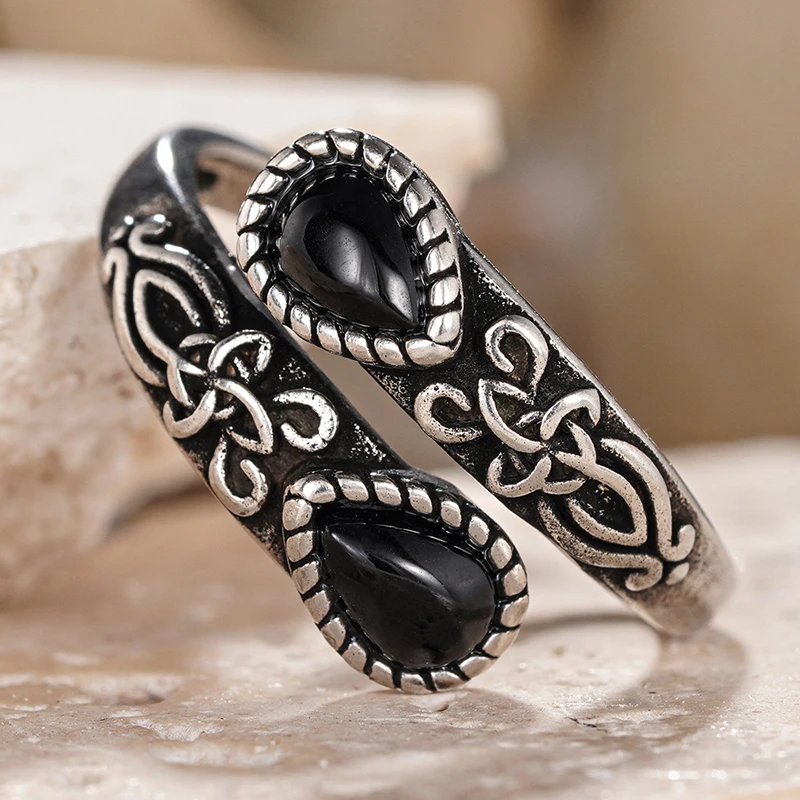 Huitan Silver Ring with Waterdrop Black Stone – Adjustable Brass - Image 2