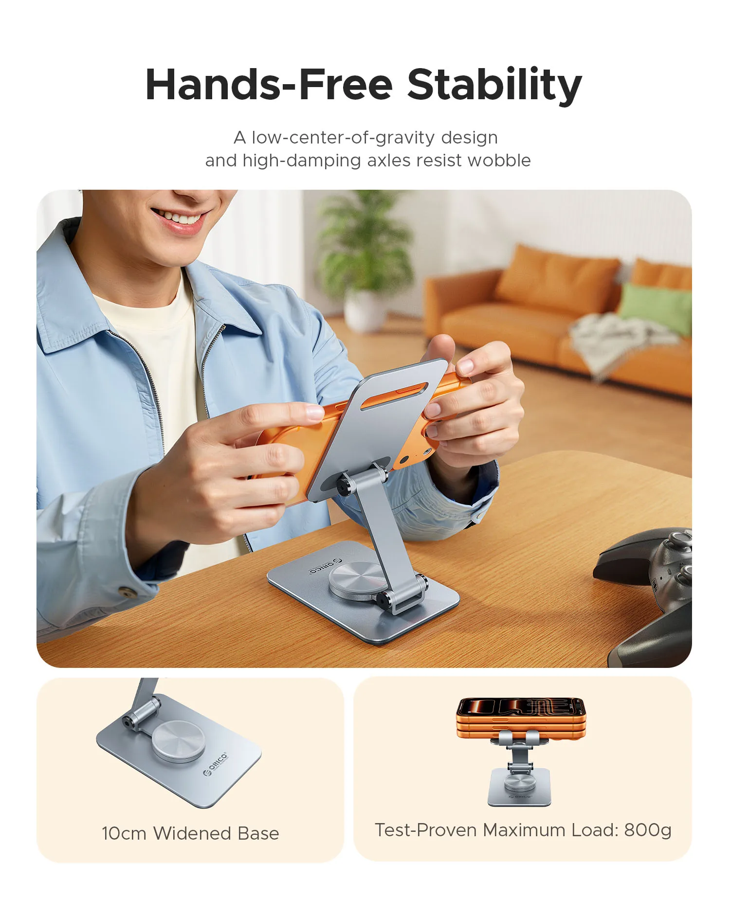 ORICO Aluminum Phone Stand – 360° Rotation, Dual‑Axis Tilt, Foldable - Image 5