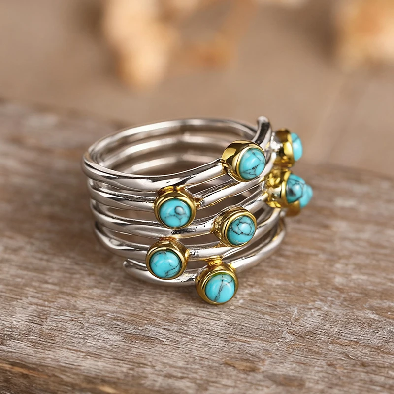 Huitan Bohemian Brass Ring with Imitation Turquoise, Two‑Tone Vintage - Image 4