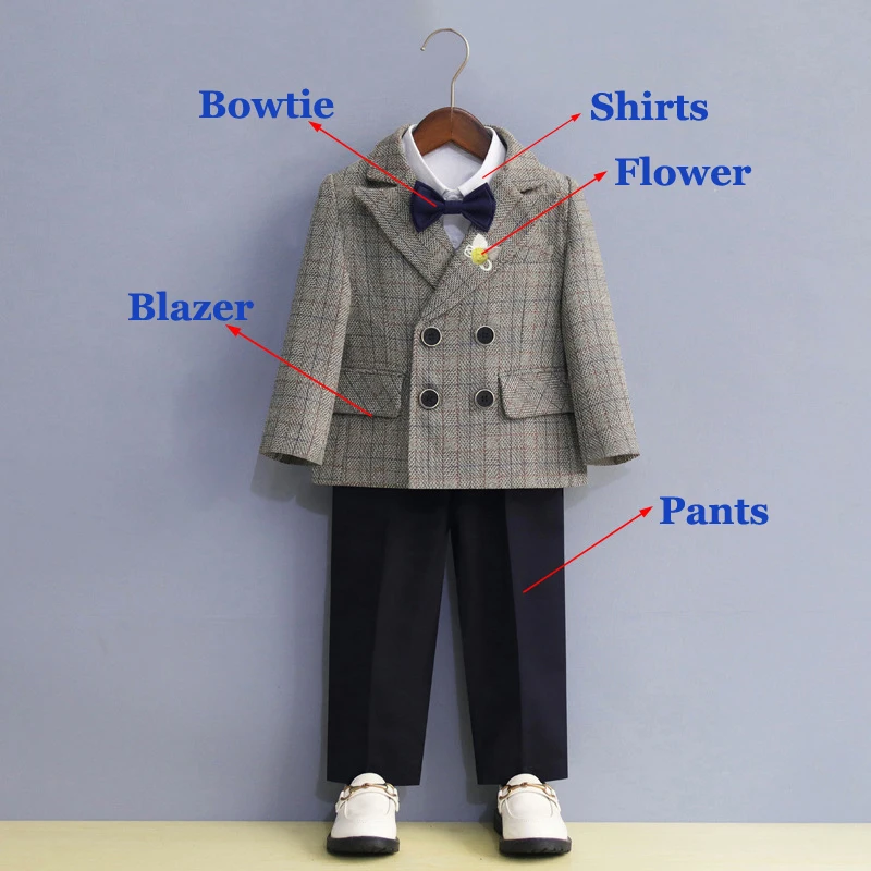 Children Formal Plaid Suit Set Boys Wedding Birthday Party Performance Photography Costume Kids Blazer Pants Bowtie Clothes - Image 8