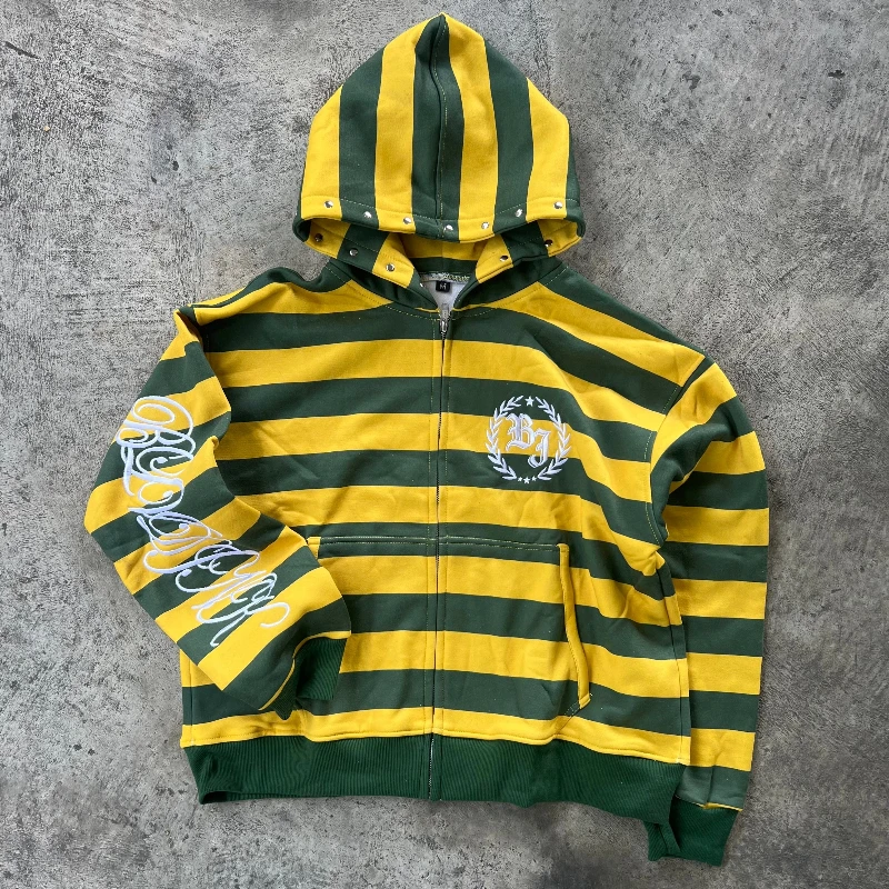 Y2K Street Kid Zip Up Hoodie with Stripe and Rivet Details - Image 2