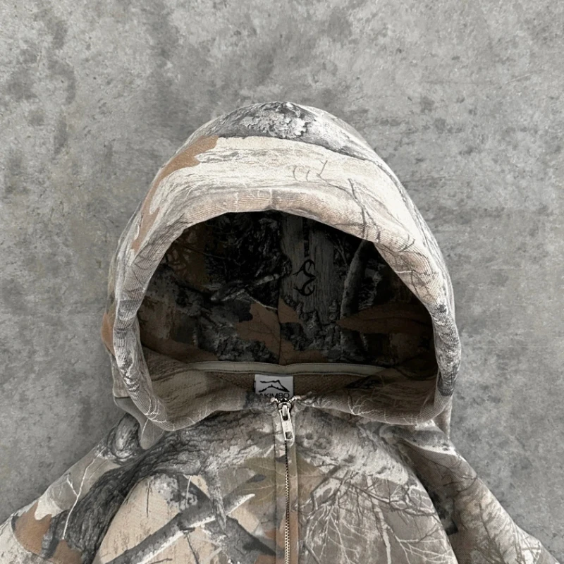 Y2K Retro Zip Up Hoodie Men Camouflage Pattern Zipper Sweatshirt High Street Hip Hop Streetwear Oversized Unisex Camo Hoodie - Image 3