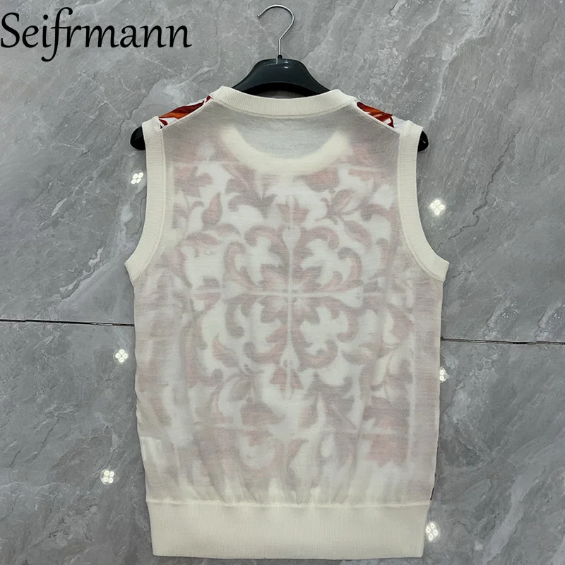 Seifrmann 2026 Summer Women's New Fashion Round Neck Long Sleeve Silk Splicing Wool Printed Cardigan+Tank Top Two Piece Set - Image 5