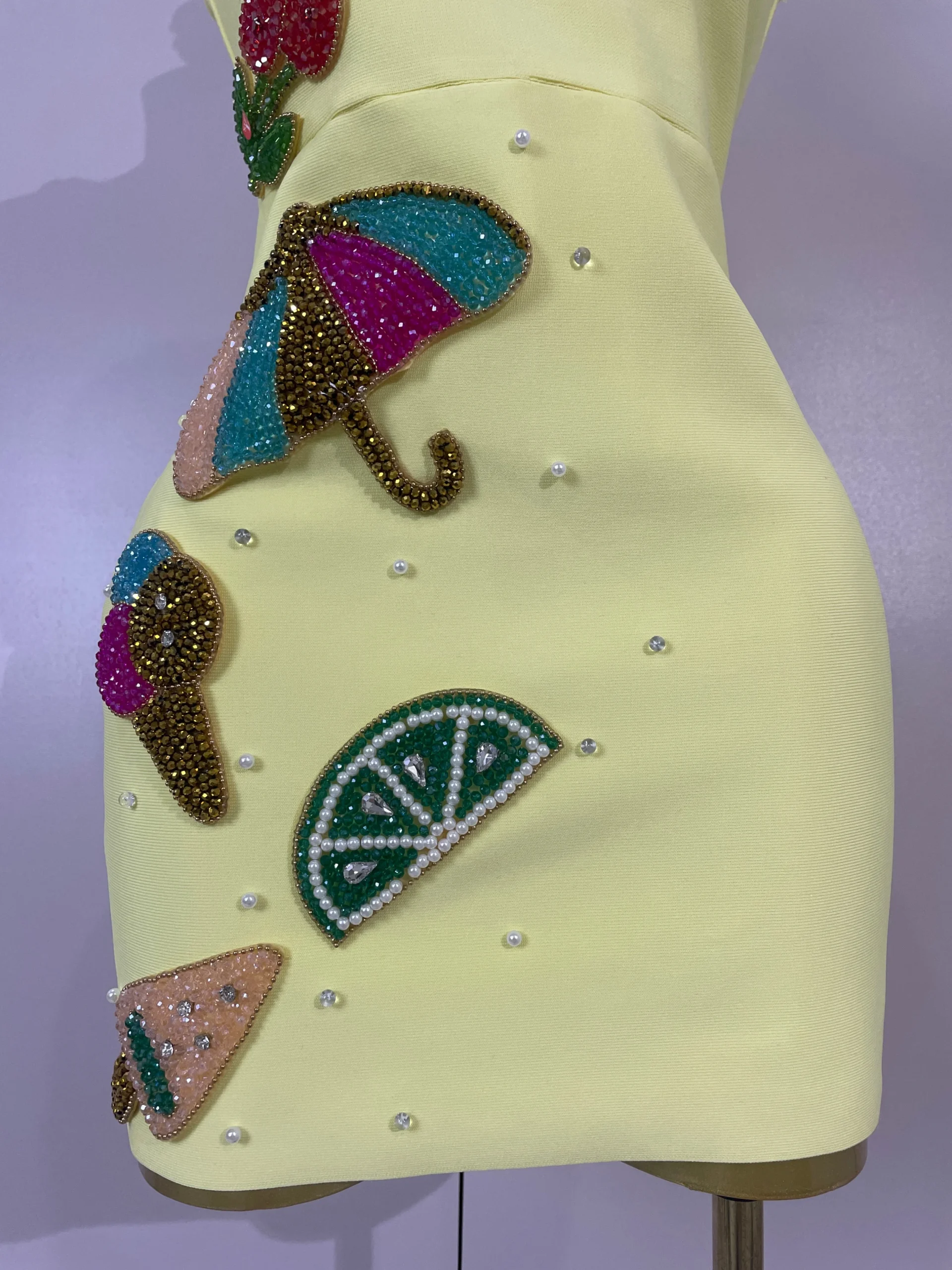 Women Sexy Square Neck Sleeveless Bodycon Bandage Mini Dress Luxury Beaded Tropical Fruit Eveing Party Vacation NightClub Outfit - Image 6