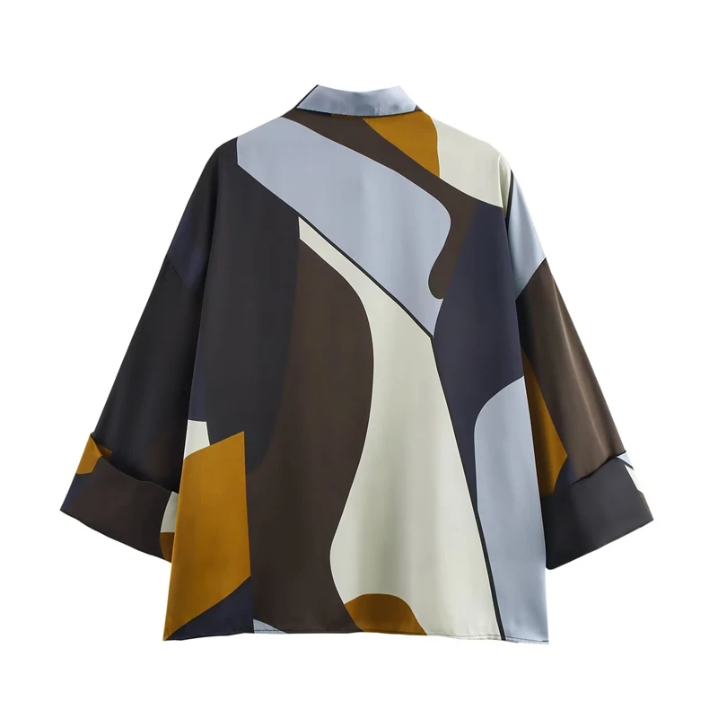 KEYANKETIAN 2025 Spring New Women Color Matching Print Shirt Cropped Top Leisure style Cuffed flared sleeve Loose Satin Blouses - Image 2