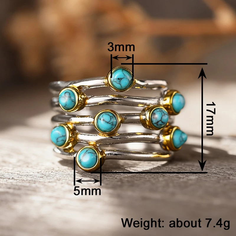 Huitan Bohemian Brass Ring with Imitation Turquoise, Two‑Tone Vintage - Image 6