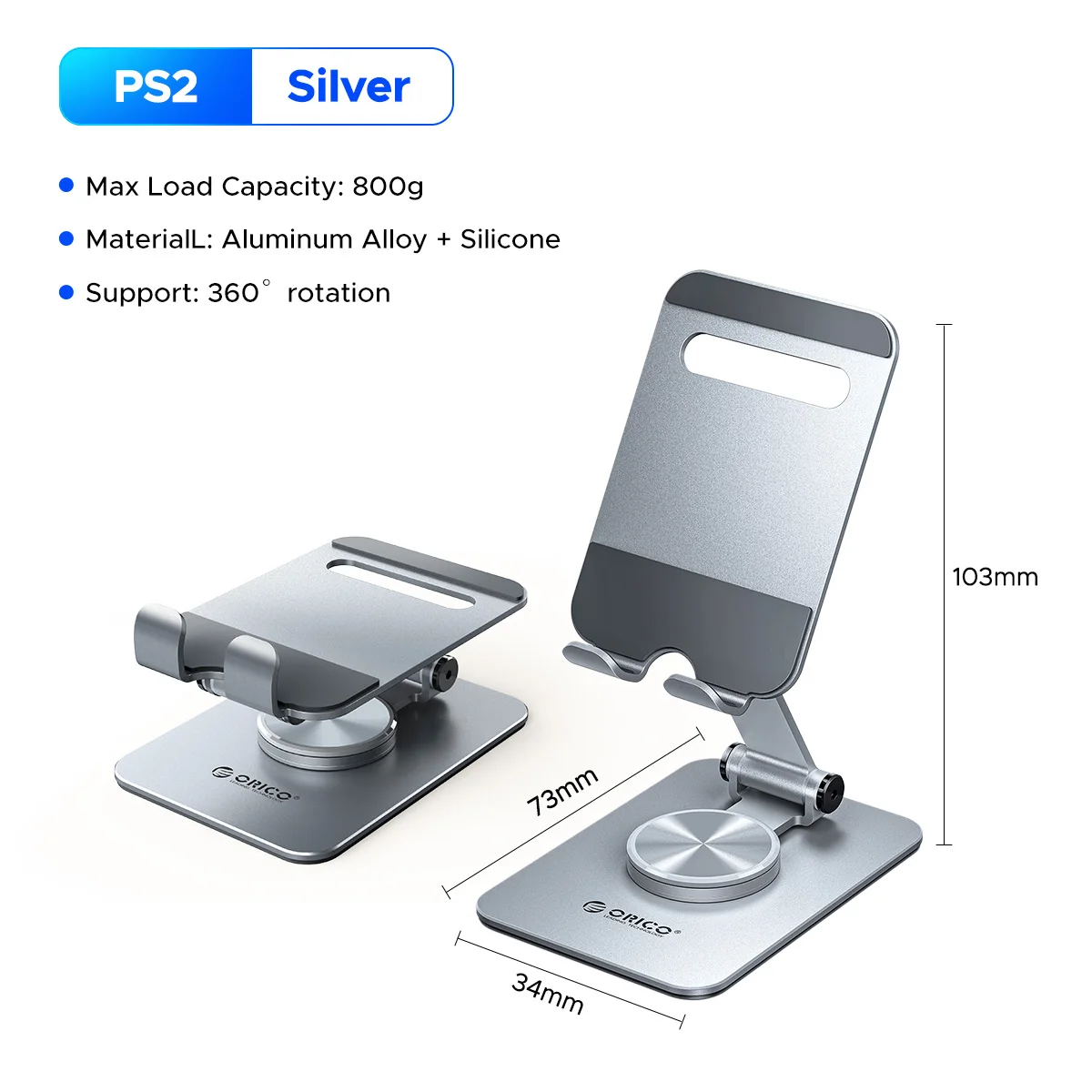 ORICO Aluminum Phone Stand – 360° Rotation, Dual‑Axis Tilt, Foldable - Image 7