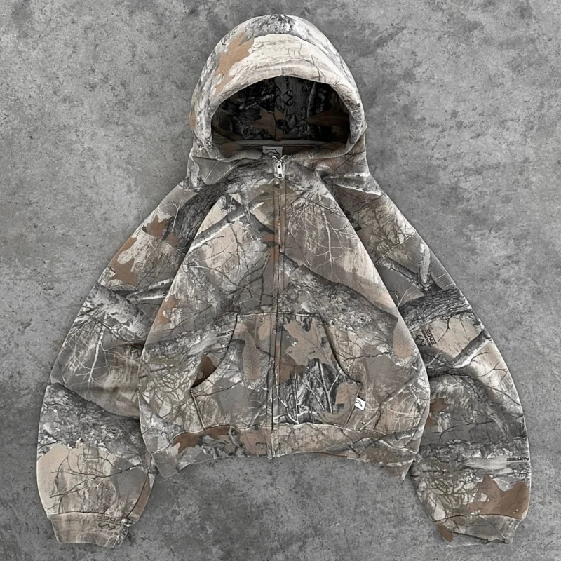 Y2K Retro Zip Up Hoodie Men Camouflage Pattern Zipper Sweatshirt High Street Hip Hop Streetwear Oversized Unisex Camo Hoodie