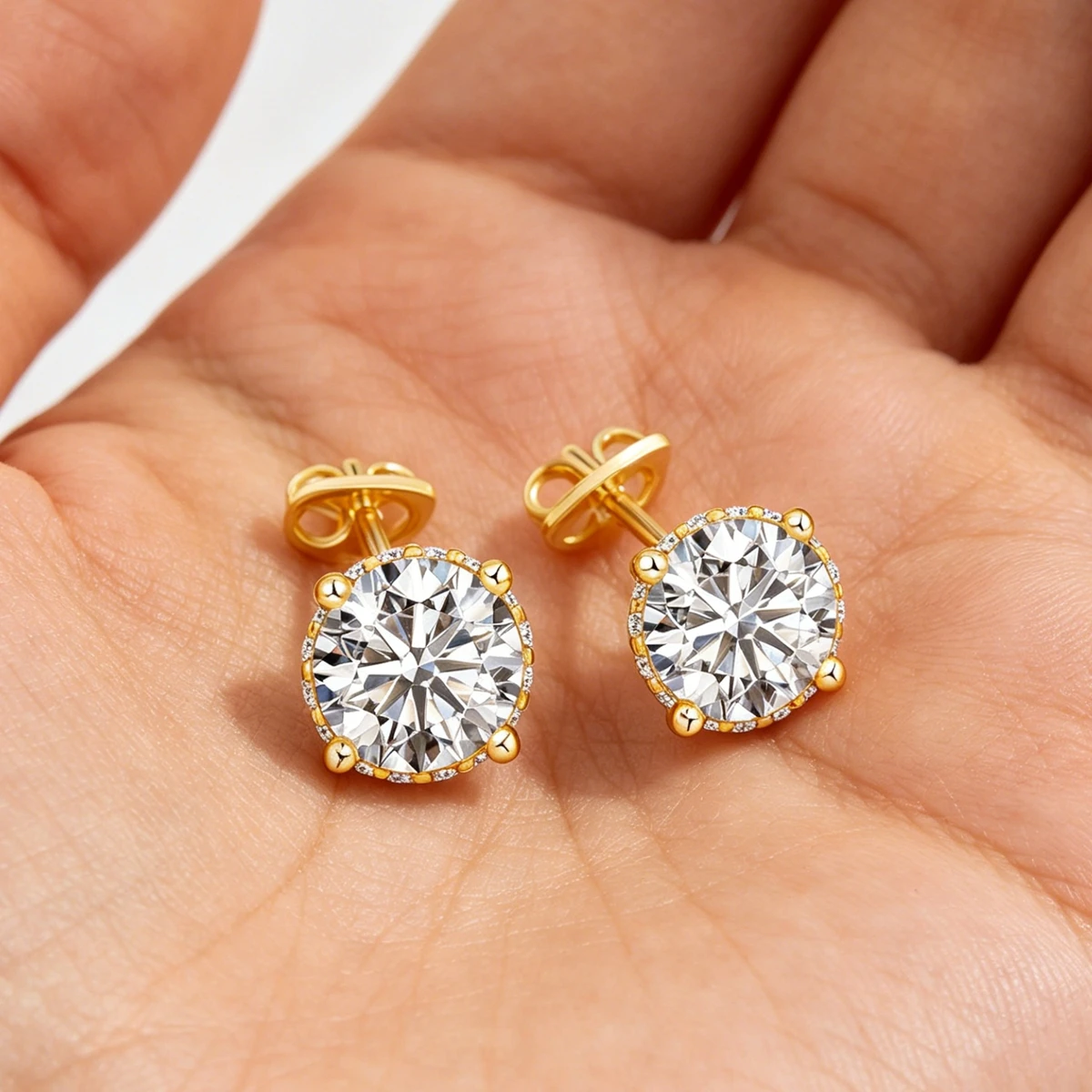 Round Moissanite Stud Earrings in 925 Silver, 18K Gold Plated Certified - Image 3